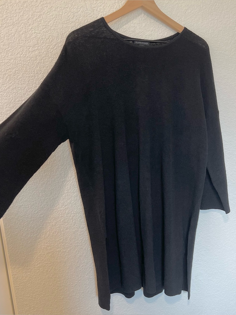 NWT Eileen Fisher Black Organic Linen Stretch Crepe Crew Neck Tunic Top- Large - Picture 3 of 10